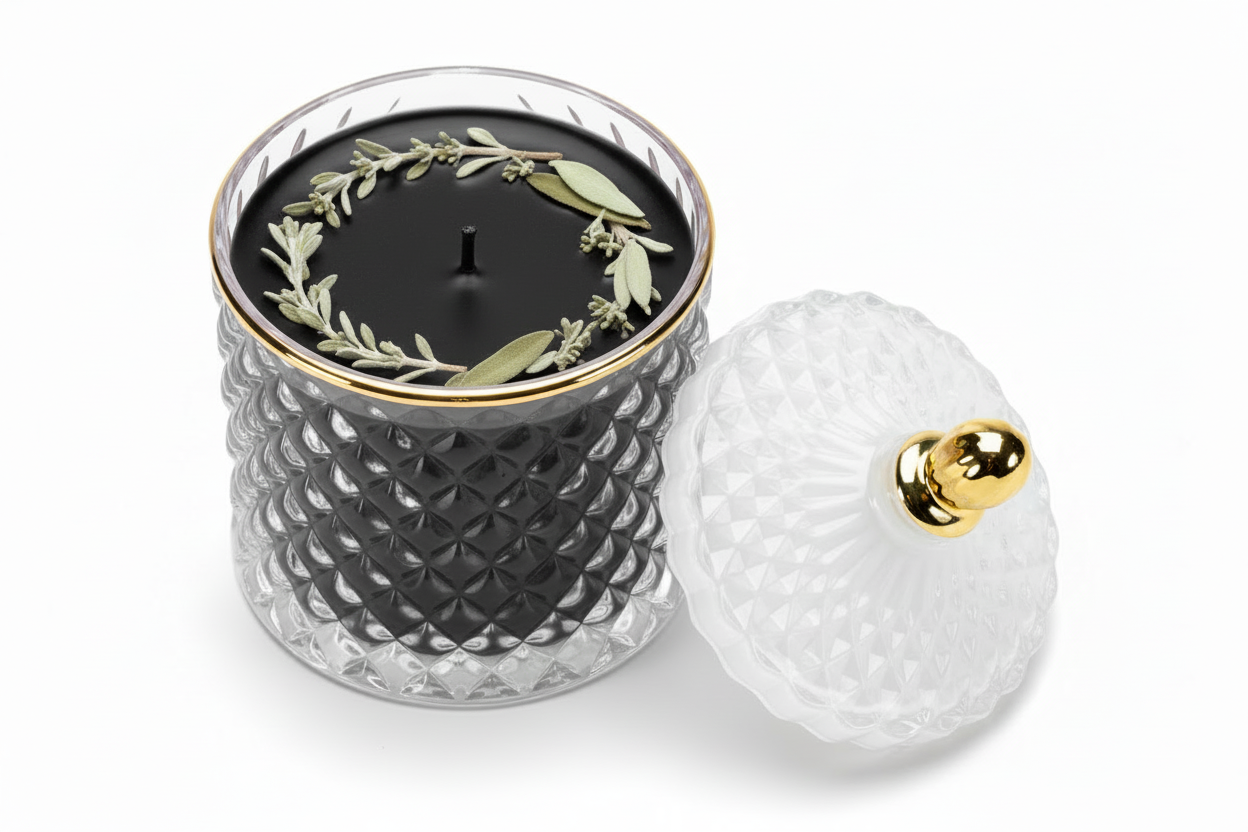 Black aromatherapy candle with white sage