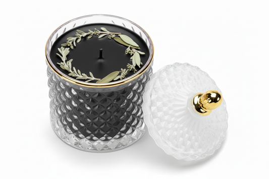 Black aromatherapy candle with white sage