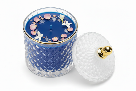 Blue aromatherapy candle with rose petals and jasmine