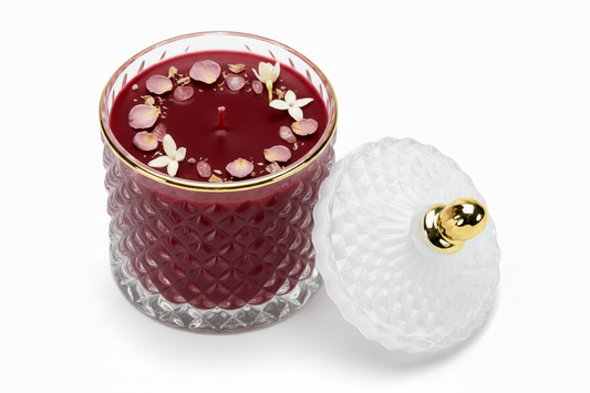 Dark red aromatherapy candle with rose petals and jasmine