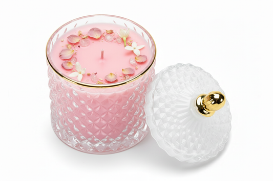 Pink aromatherapy candle with rose petals and jasmine